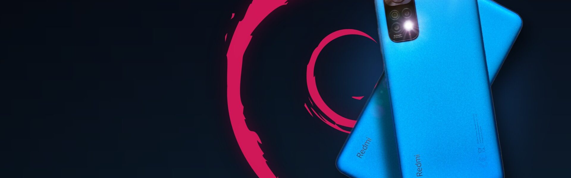 Debian sarmal logosunun önünde iki mavi Redmi Note 11